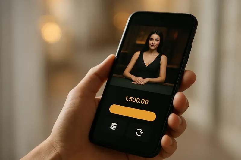 Hand holding smartphone showing dark casino app with live dealer preview
