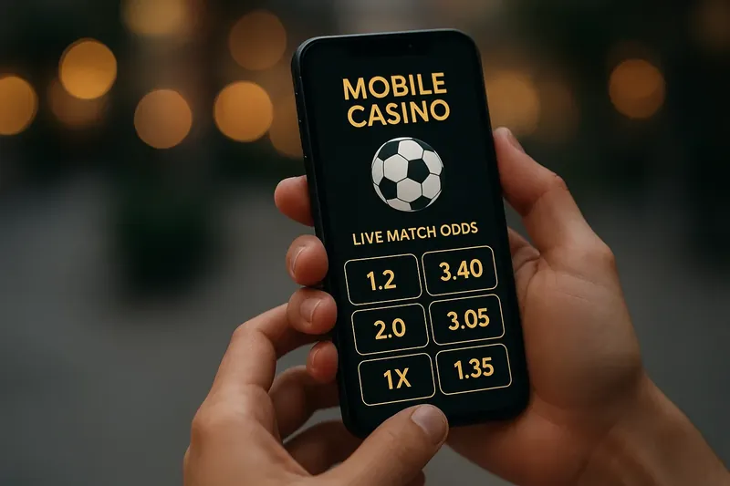 Hands holding smartphone with mobile casino interface and live match odds