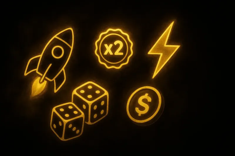 Glowing instant game icons with rocket, dice, coin, and lightning