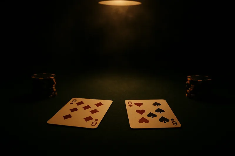 Face-up baccarat cards and chip stacks on green felt table